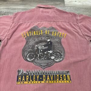 Vintage 90s Harley Davidson Police Motorcycle Badge Pink Mens L Button‎ Up Shirt